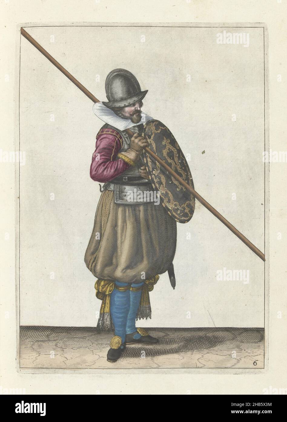 Die Übung mit Schild und Speer: Der Soldat hält den Schild mit der linken Hand vor den Körper (Nr. 1) 6), 1618, die Übung mit Schild und Speer: Der Soldat hält den Schild mit der linken Hand vor den Körper, 1618. Teil der Abbildungen in: Adam van Breen, Nassauische Waffenhandel, 1618, Plattennr 6. Kriegsführung um 1600., Adam van Breen, Druckerei: Anonym, Nordniederland, 1616 - 1618, Papier, Gravur, Höhe 260 mm × Breite 190 mm Stockfoto