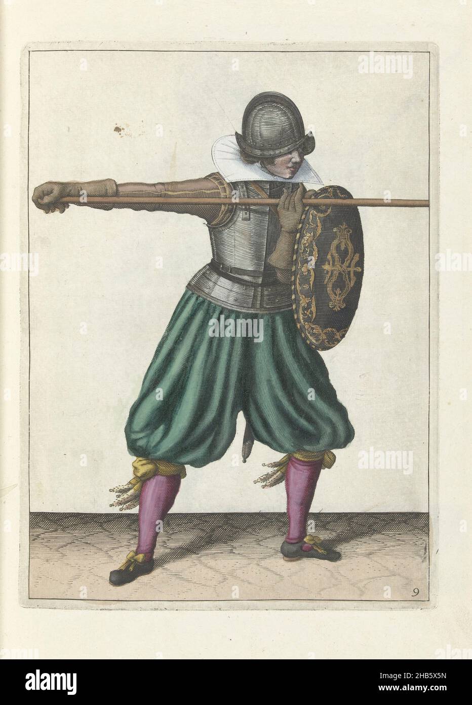 Die Übung mit Schild und Speer: Der Soldat bringt den Speer dreimal in Position, dritter Satz mit dem Speer geradeaus (Nr. 1) 9), 1618, die Übung mit Schild und Speer: Der Soldat bringt den Speer dreimal in Position, dritter Satz mit dem Speer geradeaus, 1618. Teil der Abbildungen in: Adam van Breen, Nassauische Waffenhandel, 1618, Plattennr 9. Kriegsführung um 1600., Adam van Breen, Druckerei: Anonymous, Nordniederland, 1616 - 1618, Papier, Gravur, Höhe 260 mm × Breite 190 mm Stockfoto