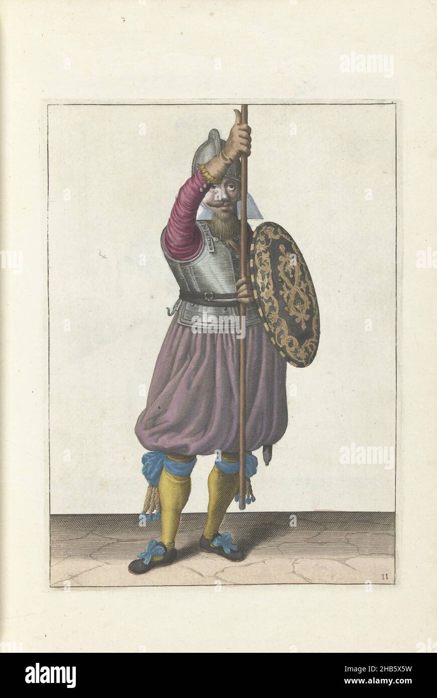 Die Übung mit Schild und Speer: Der Soldat bringt den Speer dreimal in die Ruheposition zurück, zweiter Satz (no 11), 1618, die Übung mit Schild und Speer: Der Soldat bringt den Speer dreimal in die Ruheposition zurück, zweiter Satz, 1618. Teil der Abbildungen in: Adam van Breen, Nassauische Waffenhandel, 1618, Plattennr 11. Kriegsführung um 1600., Adam van Breen, Druckerei: Anonymous, Nordniederland, 1616 - 1618, Papier, Gravur, Höhe 260 mm × Breite 190 mm Stockfoto