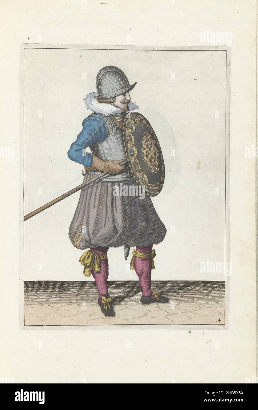 Die Übung mit Schild und Speer: Der Soldat bringt den Speer zweimal in die Position zum Ziehen, zweiter Satz (nein 14), 1618, die Übung mit Schild und Speer: Der Soldat bringt den Speer zweimal in die Position zum Ziehen, zweiter Satz, 1618. Teil der Abbildungen in: Adam van Breen, Nassauische Waffenhandel, 1618, Plattennr 14. Kriegsführung um 1600., Adam van Breen, Druckerei: Anonymous, Nordniederland, 1616 - 1618, Papier, Gravur, Höhe 260 mm × Breite 190 mm Stockfoto