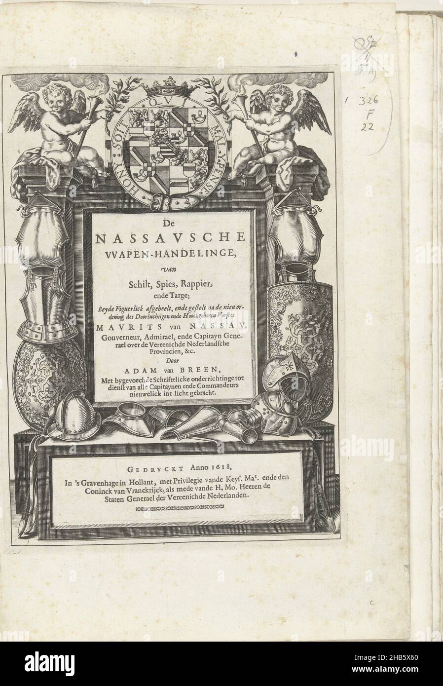 Titelblatt von Adam van Breens The Nassau Arms Trade, 1618, The Nassau Arms Trade, of Schilt, Spies, Rappier and Targe : beyde figuerlick afgebeelt, ende gestelt na de nieuwe ordening [of, Adam van Breen (erwähnt auf Objekt), Druckerei: Anonym, Druckerei: Nord-Niederlande, Verlag: Den Haag, 1616 - 1618, Papier, Gravur, Buchdruck, Höhe 276 mm × Breite 197 mm Stockfoto