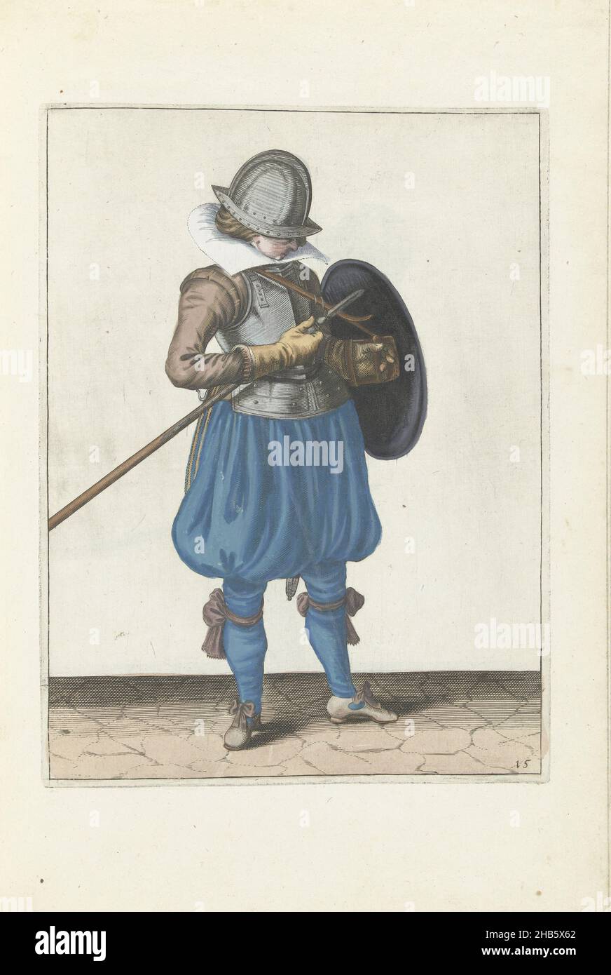 Die Übung mit Schild und Speer: Der Soldat hält Speer und Schild dicht am Körper (Nr. 1) 15), 1618, die Übung mit Schild und Speer: Der Soldat hält Speer und Schild nahe am Körper, 1618. Teil der Abbildungen in: Adam van Breen, Nassauische Waffenhandel, 1618, Plattennr 15. Kriegsführung um 1600., Adam van Breen, Druckerei: Anonym, Nordniederland, 1616 - 1618, Papier, Gravur, Höhe 260 mm × Breite 190 mm Stockfoto