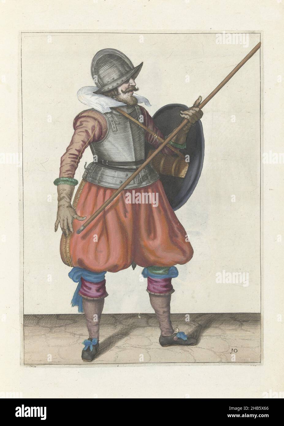 Die Übung mit Schild und Speer: Der Soldat bringt den Speer dreimal in die Ruheposition zurück, erster Satz (nein 10), 1618, die Übung mit Schild und Speer: Der Soldat bringt den Speer dreimal in die Ruheposition zurück, erster Satz, 1618. Teil der Abbildungen in: Adam van Breen, Nassauische Waffenhandel, 1618, Plattennr 10. Kriegsführung um 1600., Adam van Breen, Druckerei: Anonymous, Nordniederland, 1616 - 1618, Papier, Gravur, Höhe 260 mm × Breite 190 mm Stockfoto
