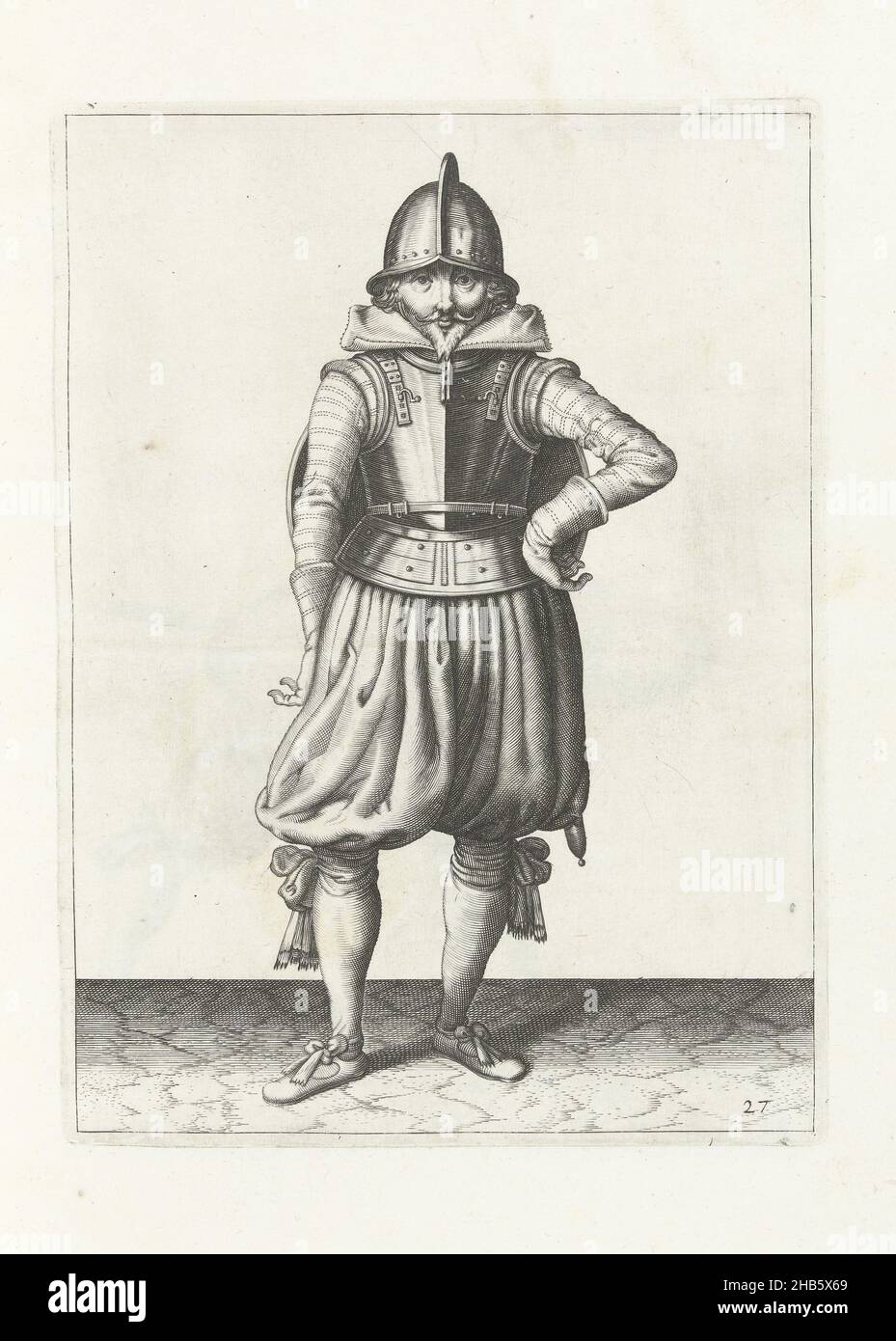 Die Übung mit Schild und Speer: Der Soldat steht in Ruhe mit dem Schild auf dem Rücken (nein 27), 1618, De Nassausche Wapen-Handelinge, van Schilt, Spies, Rappier ende Targe : beyde figuerlick afgebeelt, ende gestelt na de nieuwe ordening [von, Adam van Breen, Druckerei: Anonym, Niederländischer Sprintmacher: Nordholland, Verlag: Den Haag, 1616 - 1618, Papier, Gravur, Höhe 260 mm × Breite 190 mm Stockfoto
