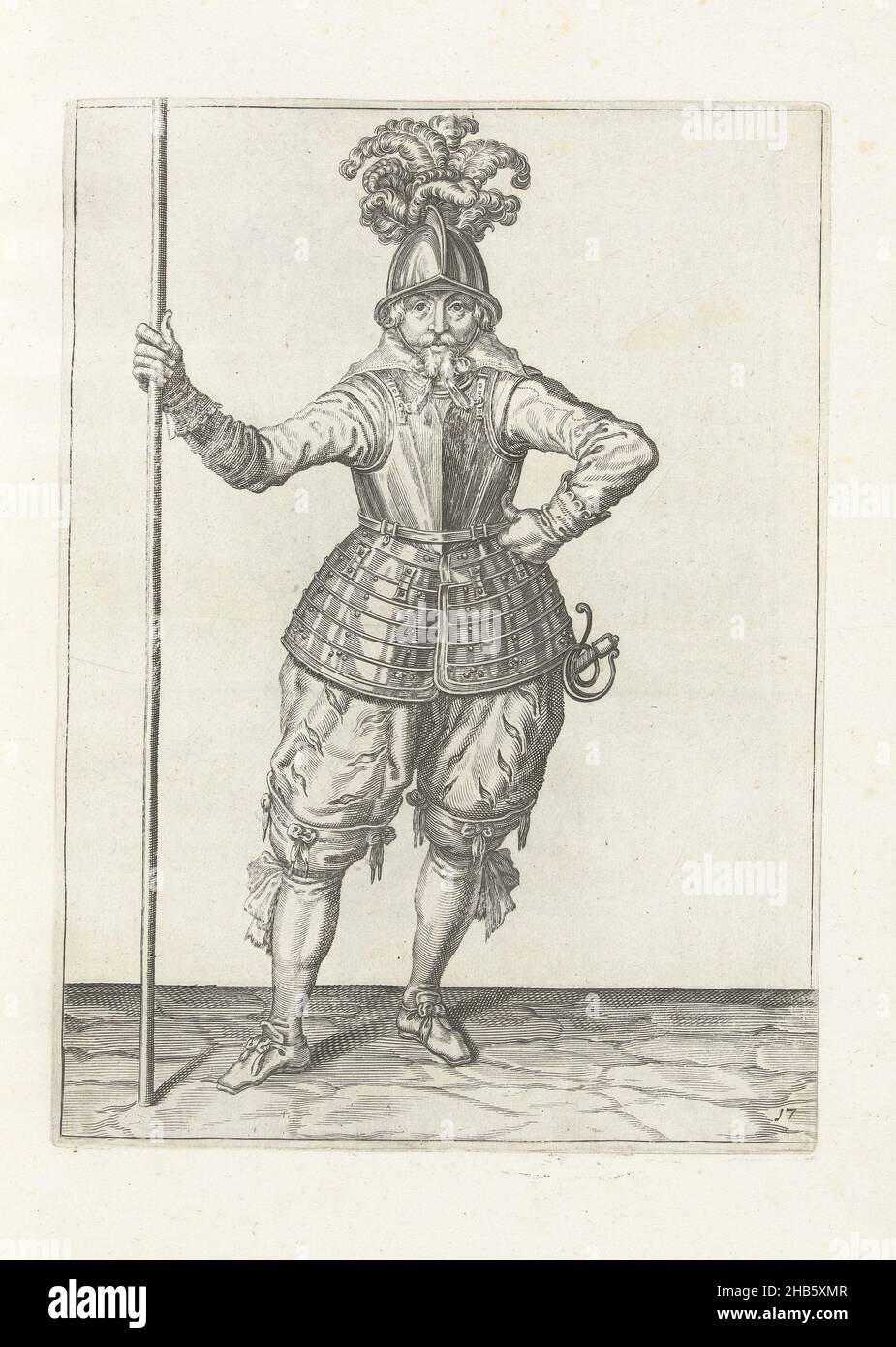 Soldat, von vorne gesehen, hält seinen Speer mit der rechten Hand aufrecht (nein 17), c. 1600, Ein Soldat, in voller Länge, hält einen Speer (Lanze) mit seiner rechten Hand aufrecht (no 17), c. 1600. Tafel 17 in der Anleitung zum Umgang mit dem Speer: Corte onderwysinghe op de figuerliicke afbeeldinghe belangende trechte gebruck, van alle t'ghene een Soldaet int handelen vande Spies noodich is. Teil der Illustrationen in: J. de Gheyn, Wapenhandelinghe van Roers Musquetten ende spiessen, Amsterdam, 1608. Kampfkunst um 1600., Druckerei: Jacob de Gheyn (II) (Werkstatt von), Zeichner Stockfoto