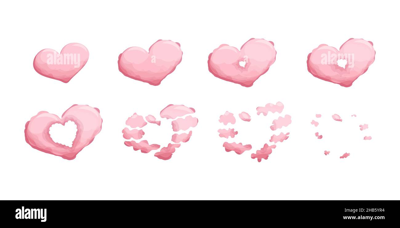Wolke Herz Explosion für Animation im Cartoon-Stil isoliert auf weißem Hintergrund. Liebe Storyboard für Spiel. Niedlicher Rahmen, Rauch. Vektorgrafik Stock Vektor