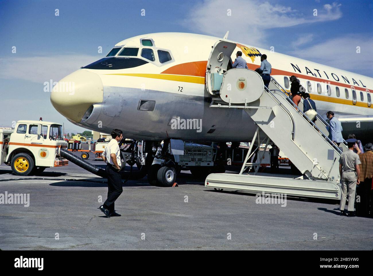 National Airlines Douglas DC-8 „Fly Me“-Flugzeug namens Sally, Anfang 1970s, USA umstrittene sexistische Werbekampagne, die Flugzeuge nach Stewardessen benannte Stockfoto