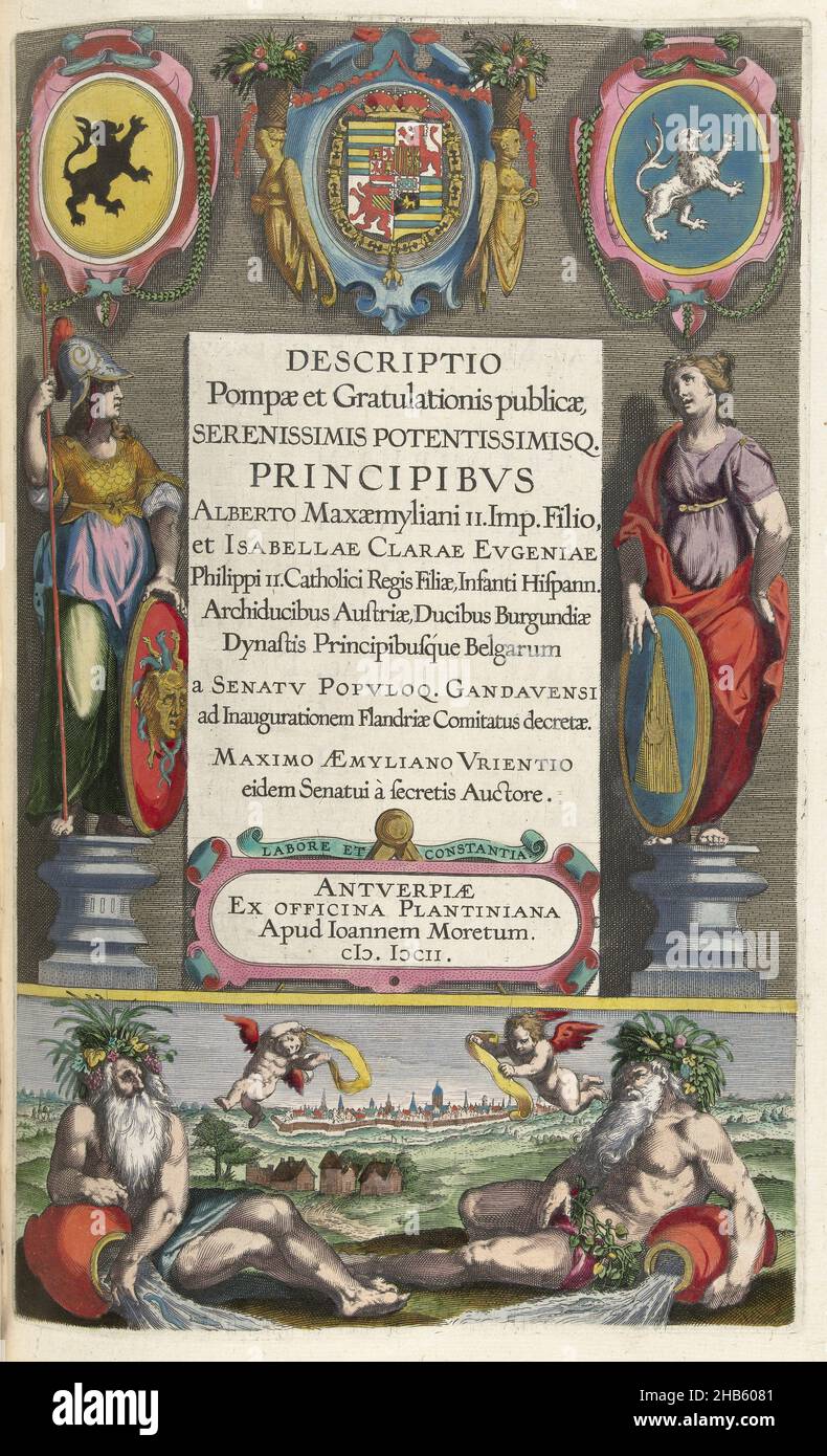 Titeldruck zur Beschreibung des Eintritts von Albrecht und Isabella in Gent, 1599, Descriptio Pompae et Gratulationis publicae, serenissimis potentissisq. Principibus Alberto Maxaemyliani II. Imp. Filio, et isabellae Clarae Eugeniae (...) a senatu populoq. Gandavensi ad Inaugurationem Flandriae Comitatus decretae (Titel auf Objekt), Titelbild zu Descriptio Pompae et Gratulationis publicae von M.A. Vrientius, beschreibt den Eintritt von Albrecht und Isabella in Gent, Dezember 1599. Titelbild mit dem lateinischen Titel in einem Rahmen mit Minerva auf beiden Seiten auf Sockeln und einem Weibchen Stockfoto