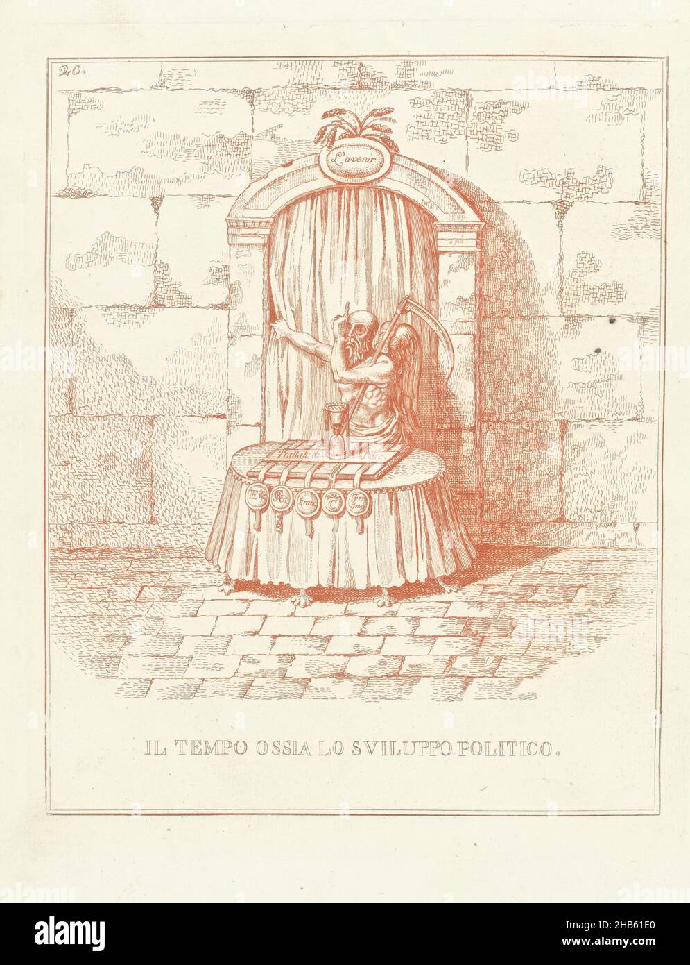 Vaterzeit vor dem Tor zur Zukunft, 1795, Il Tempo ossia lo Sviluppo Politico (Titel auf Objekt), Hollandia Regenerata (italienische Kopie) (Serientitel), La rigenerazione dell'Olanda : Spechio a tutti i popoli rigenerati (Serientitel über Objekt), Cartoon, in dem Pater Time warnt, als er den Vorhang wegziehen will, der die Zukunft verbirgt. Vor ihm auf einem Tisch eine Sanduhr auf einem Friedensvertrag mit den Siegeln Preußens, Britanniens, Frankreichs, Russlands und Österreichs. Zeichner: David Hess, Venedig, 1799, Papier, Radierung, Gravur, Höhe 270 mm × Breite Stockfoto