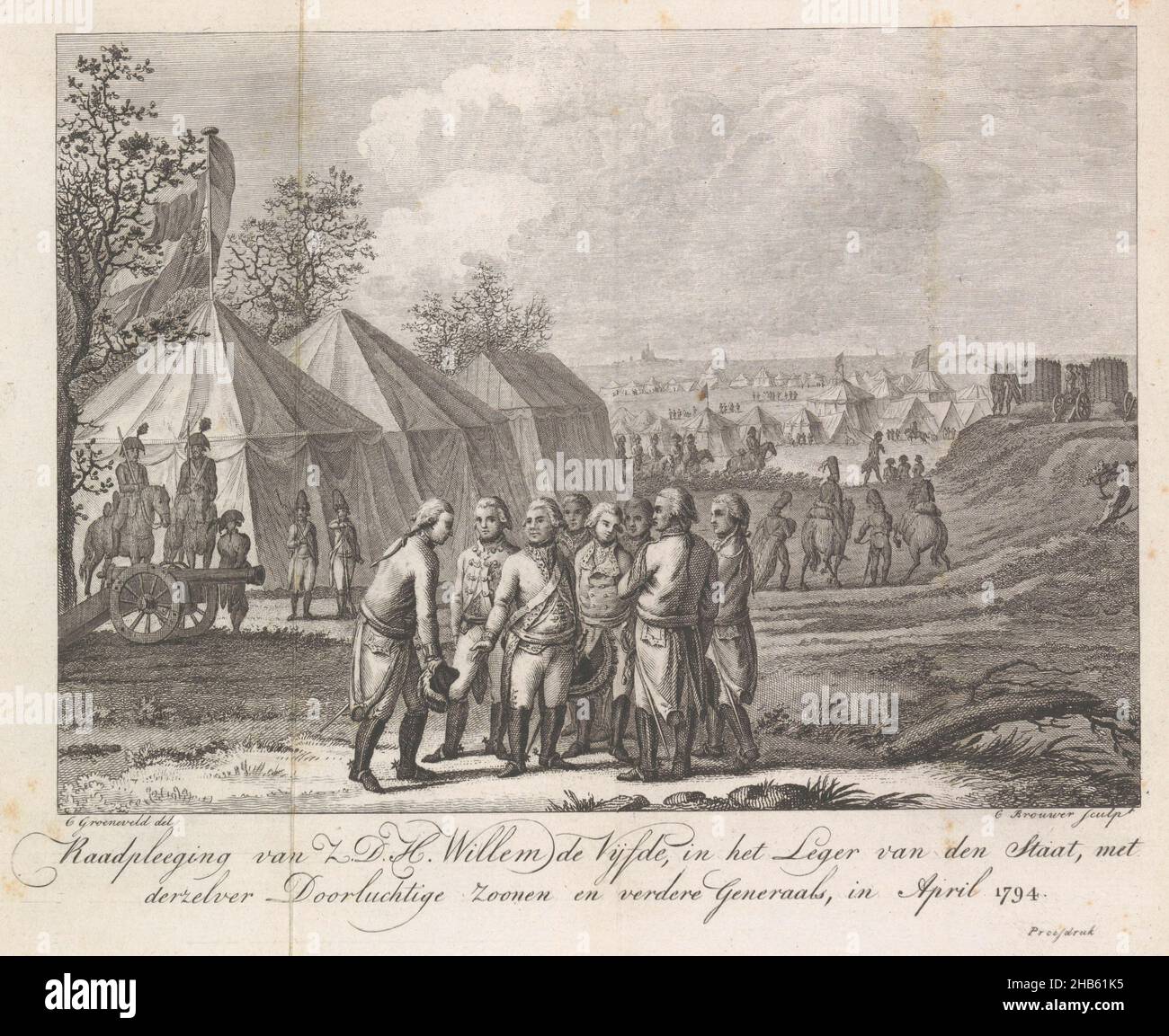 William V. mit seinen Söhnen im Armeelager, 1794, Konsultation der S.D. H. Wilhelm der Fünfte, in der Armee des Staates, mit seinen august-Söhnen und weiteren Generälen, im April 1794 (Titel auf Objekt), Stadholder Wilhelm V. mit seinen Söhnen William George Frederick und Wilhelm I. Frederick in Absprache mit den Generälen, Zwischen den Zelten des Armeelager in den südlichen Niederlanden, April 1794. Illustration im vierbändigen Leben von William George Fredrik (1802-1803)., Druckerei: Cornelis Brouwer (auf Objekt erwähnt), Zeichner: Cornelis Groeneveld (auf Objekt erwähnt), Druckerei Stockfoto
