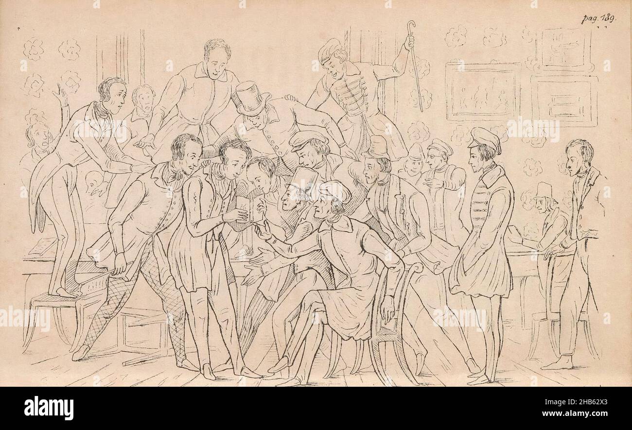 Empfang des Almanacs in der Gesellschaft, 1841, Empfang des Almanacs in der Gesellschaft. Karikatur im studentischen Almanach der Universität Leiden des Jahres 1841., Druckerei: Alexander Ver Huell, Drucker: Tiemen Hooiberg (auf Objekt erwähnt), Druckerei: Leiden, Drucker: Niederlande, Verlag: Leiden, 1841, Papier, Höhe 99 mm × Breite 158 mm Stockfoto