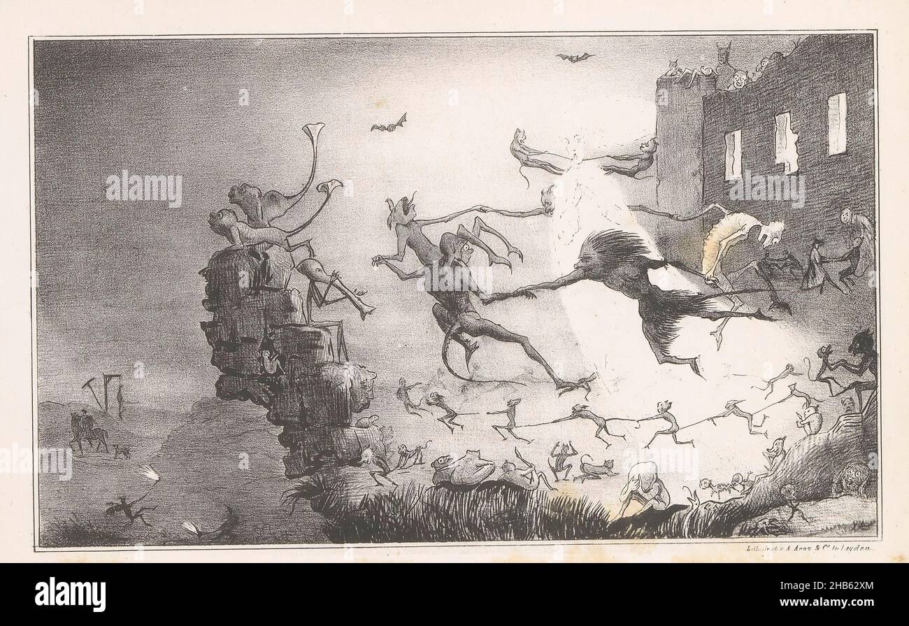 Cartoon in Leiden Student almanac, 1843, Tanzende Teufel auf einer Ruine. Illustration zum Vers „an einen Passanten“ von Victor Hugo. Karikatur im studentischen Almanach der Universität Leiden des Jahres 1843., Druckerei: Alexander Ver Huell, Drucker: August Arnz & Co. (Auf Objekt erwähnt), Leiden, 1843, Papier, Höhe 116 mm × Breite 183 mm Stockfoto