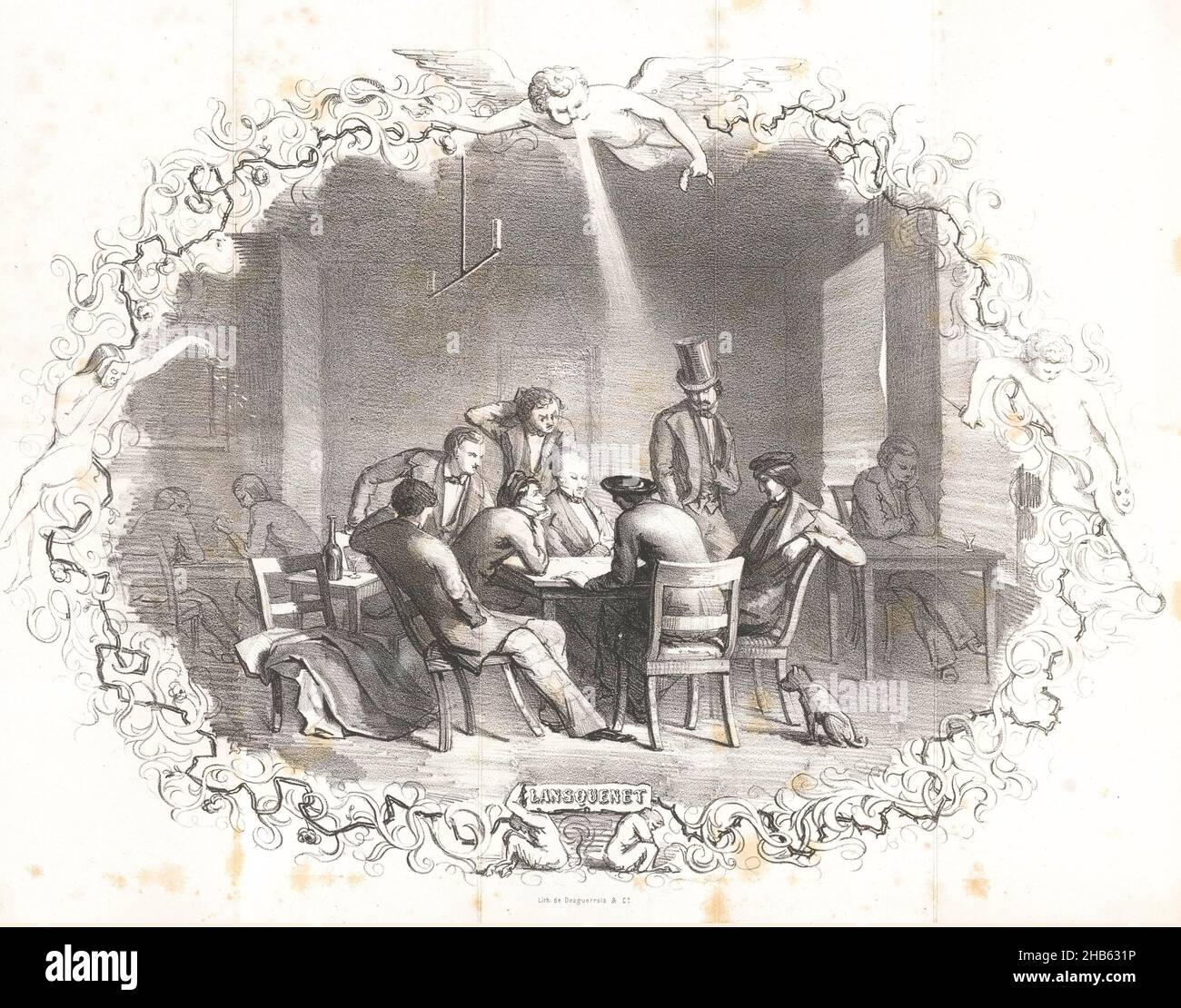 Cartoon in Amsterdam Student almanac, 1851, Lansquenet (Titel auf Objekt), Eine Gruppe von Studenten spielen Lansquenet in der Gesellschaft. Karikatur im studentischen Almanach der Universität Amsterdam des Jahres 1851., Druckerei: Evert Slaghek, Drucker: Desguerrois & Co. (Auf Objekt erwähnt), Druckerei: Niederlande, Drucker: Amsterdam, Verlag: Amsterdam, 1851, Papier, Höhe 300 mm × Breite 385 mm Stockfoto