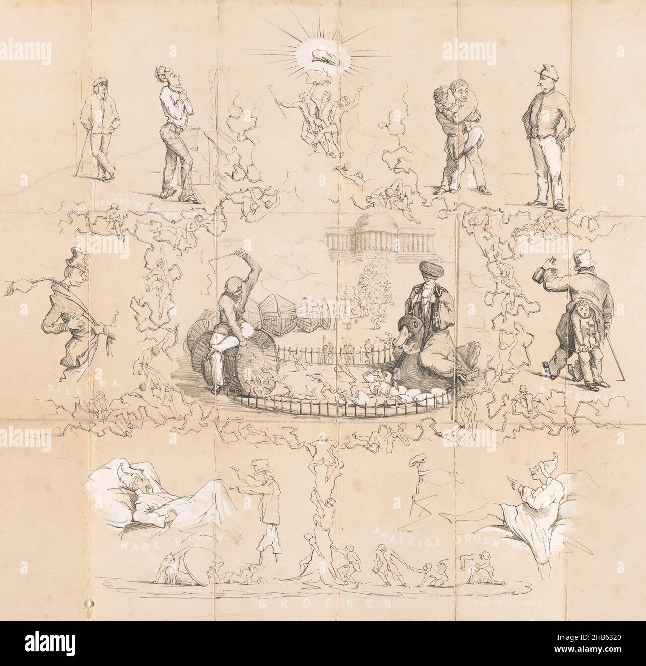 Cartoon in Amsterdam Student almanac, 1852, Grün (Titel auf Objekt), Cartoon on Hazing. Karikatur im studentischen Almanach der Universität Amsterdam des Jahres 1852., Druckerei: Anonym, Drucker: Koninklijke Nederlandse Steendrukkerij van C.W. Mieling (auf Objekt genannt), Druckerei: Niederlande, Druckerei: Niederlande, Verlag: Amsterdam, 1852, Papier, Höhe 435 mm × Breite 455 mm Stockfoto