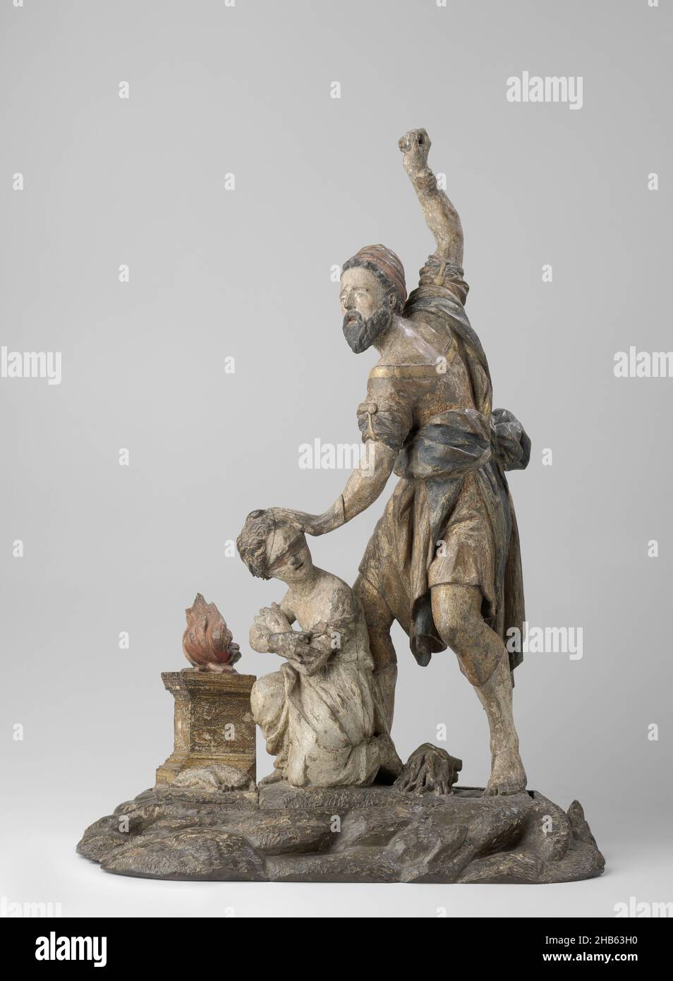 Das Opfer Isaaks, auf einem unebenen Boden, steht Abraham links, mit