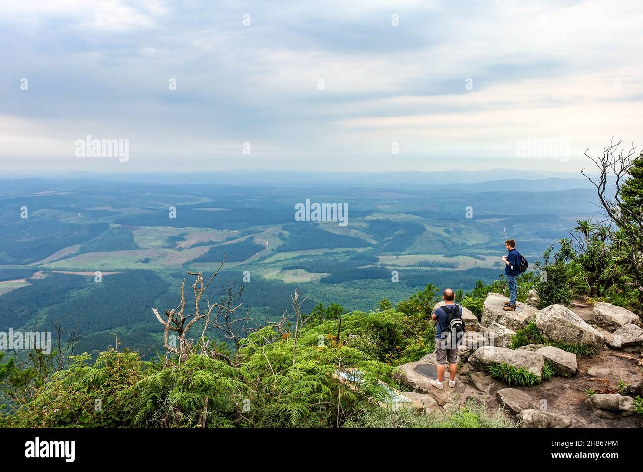 Besucher, die am Aussichtspunkt God's Window entlang der Panoramastrasse, Mpumalanga, Südafrika, Panoramafotos machen Stockfoto