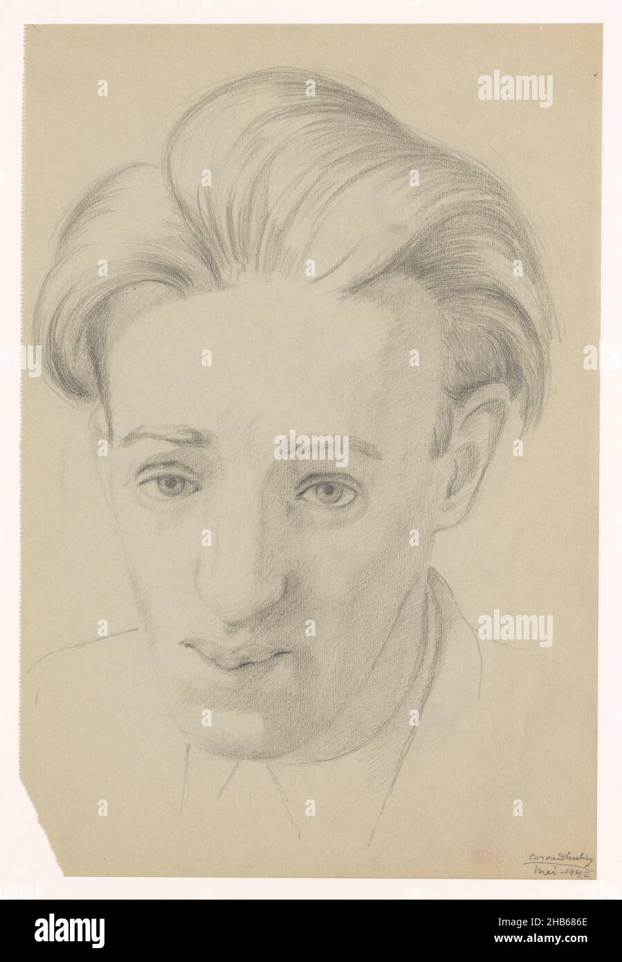 Selbstportrait en face, Mai 1942, Selbstportraits von Cor van Teeseling (Serientitel), Selbstportrait von Cor van Teeseling en face, Mai 1942., Zeichner: Cor van Teeseling, Amsterdam, Mai-1942, Bleistift, Papier, Höhe 36,0 cm × Breite 24,0 cm Stockfoto