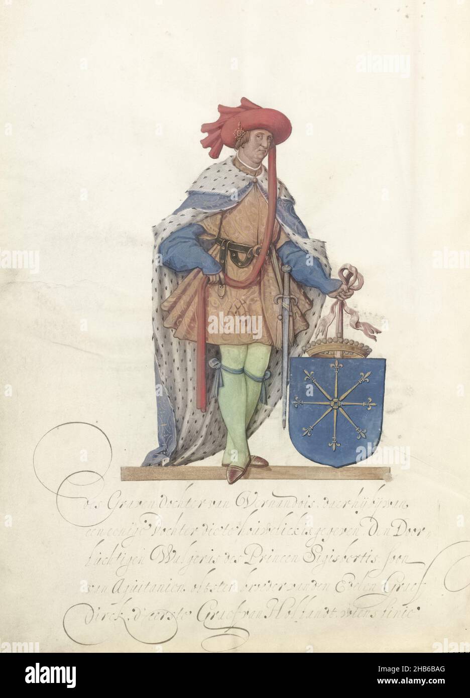 Boudewijn von Teisterbant, Boudewijn, Graf von Teisterbant. In voller Länge stehend mit dem Wappen von Teisterbant. Teil der illustrierten Handschrift mit der Genealogie der Herren und Grafen von Culemborg., Zeichner: Nicolaes de Kemp (zugeschrieben), anonym, Nordniederländisch, c. 1590 - c. 1593 und/oder c. 1600 - c. 1625, Pergament (tierisches Material), Tinte, Malerei, Schrift (Verfahren), Höhe 398 mm × Breite 292 mm Stockfoto