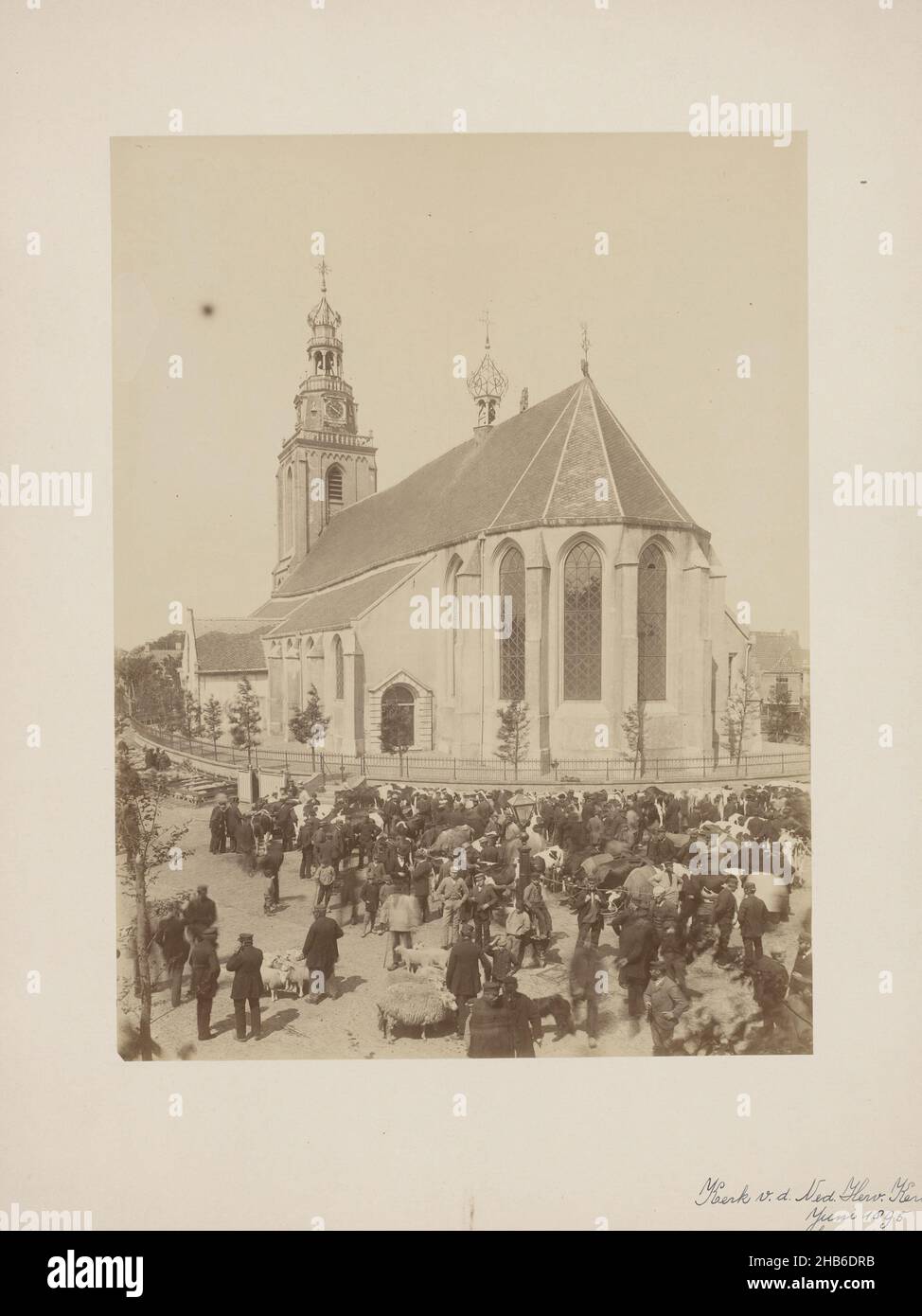 Ansicht der holländischen reformierten Kirche in Schagen mit Viehmarkt, anoniem (Monumentenzorg) (zugeschrieben), A.J.M. Mulder (möglicherweise), Schagen, 1895, fotografische Unterstützung, Karton, Albumin-Print, Höhe 231 mm × Breite 174 mm Stockfoto