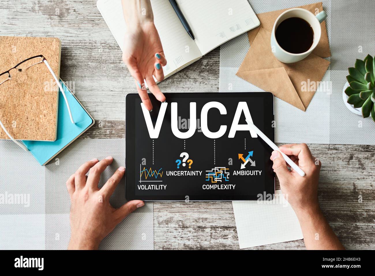 VUCA World Konzept auf dem Bildschirm. Volatilität, Unsicherheit, Komplexität, Ambiguität. Stockfoto