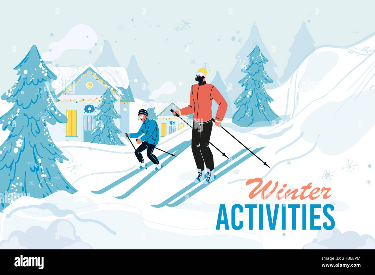 Familien Skifahren Genießen Sie Wintersport Aktivität Poster Design Stock Vektor