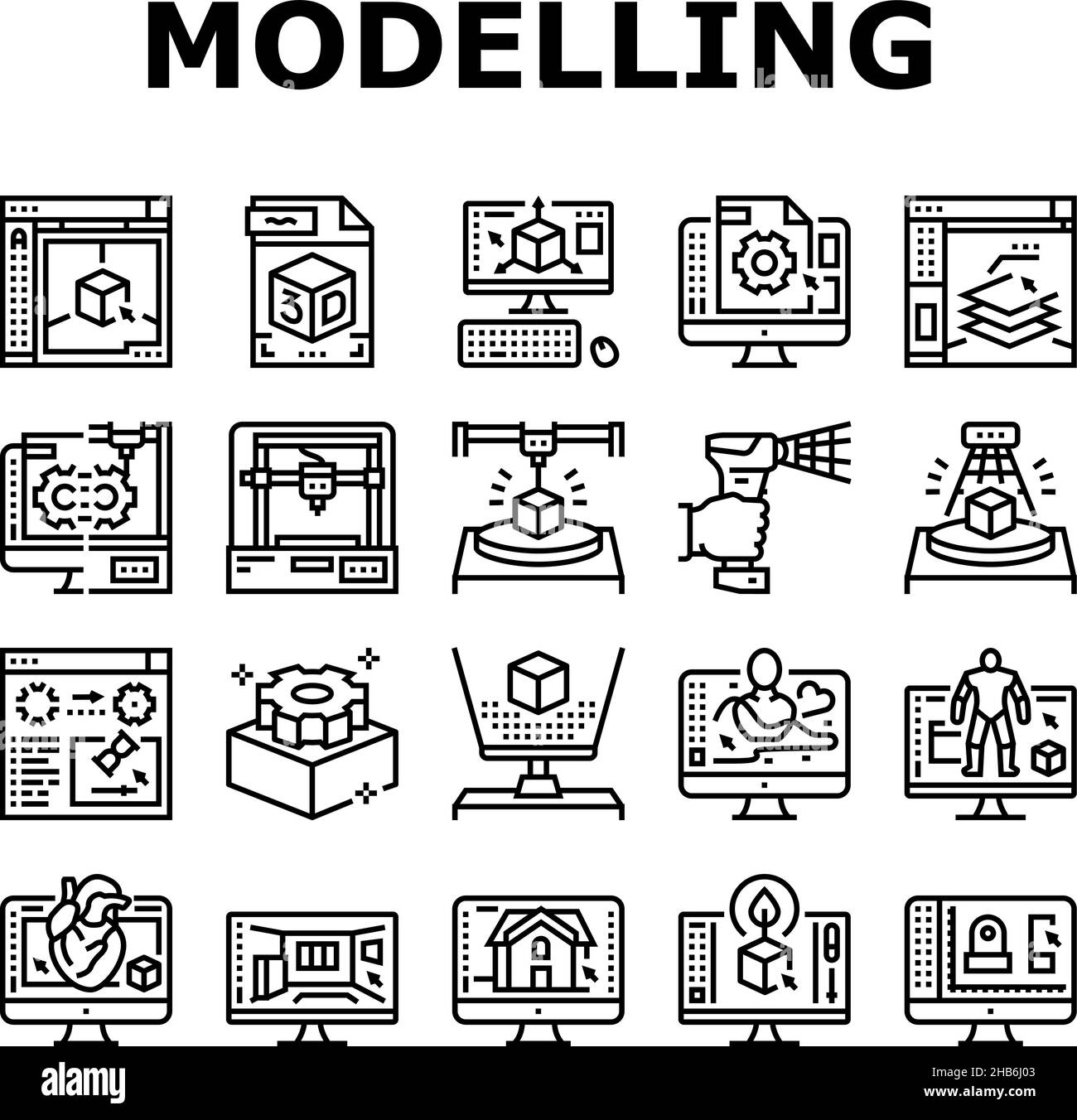 3D Modellierungssoftware und Gerätesymbole setzen Vektor. 3D Modelling Computer Program for Interior Visualization and Architecture Exterior, Scanning and PR Stock Vektor