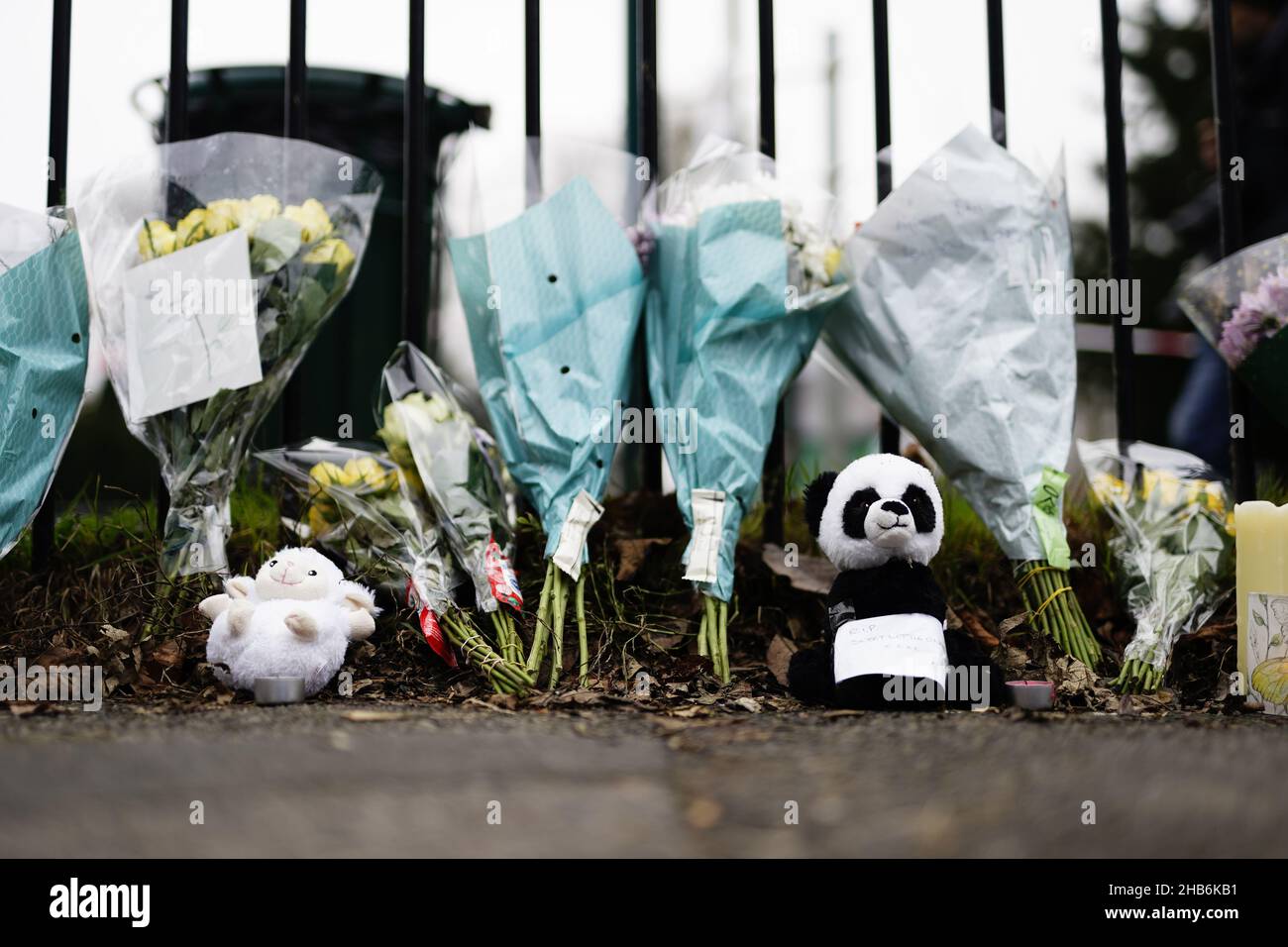 Blumen am Schauplatz in der Collingwood Road, Sutton, im Süden Londons, wo am Donnerstag zwei Zwillingsjungen im Alter von drei und vier Jahren bei einem verheerenden Hausbrand ums Leben kamen. Eine 27-jährige Frau wurde verhaftet und wegen des Verdachts der Vernachlässigung von Kindern festgehalten. Bilddatum: Freitag, 17. Dezember 2021. Stockfoto