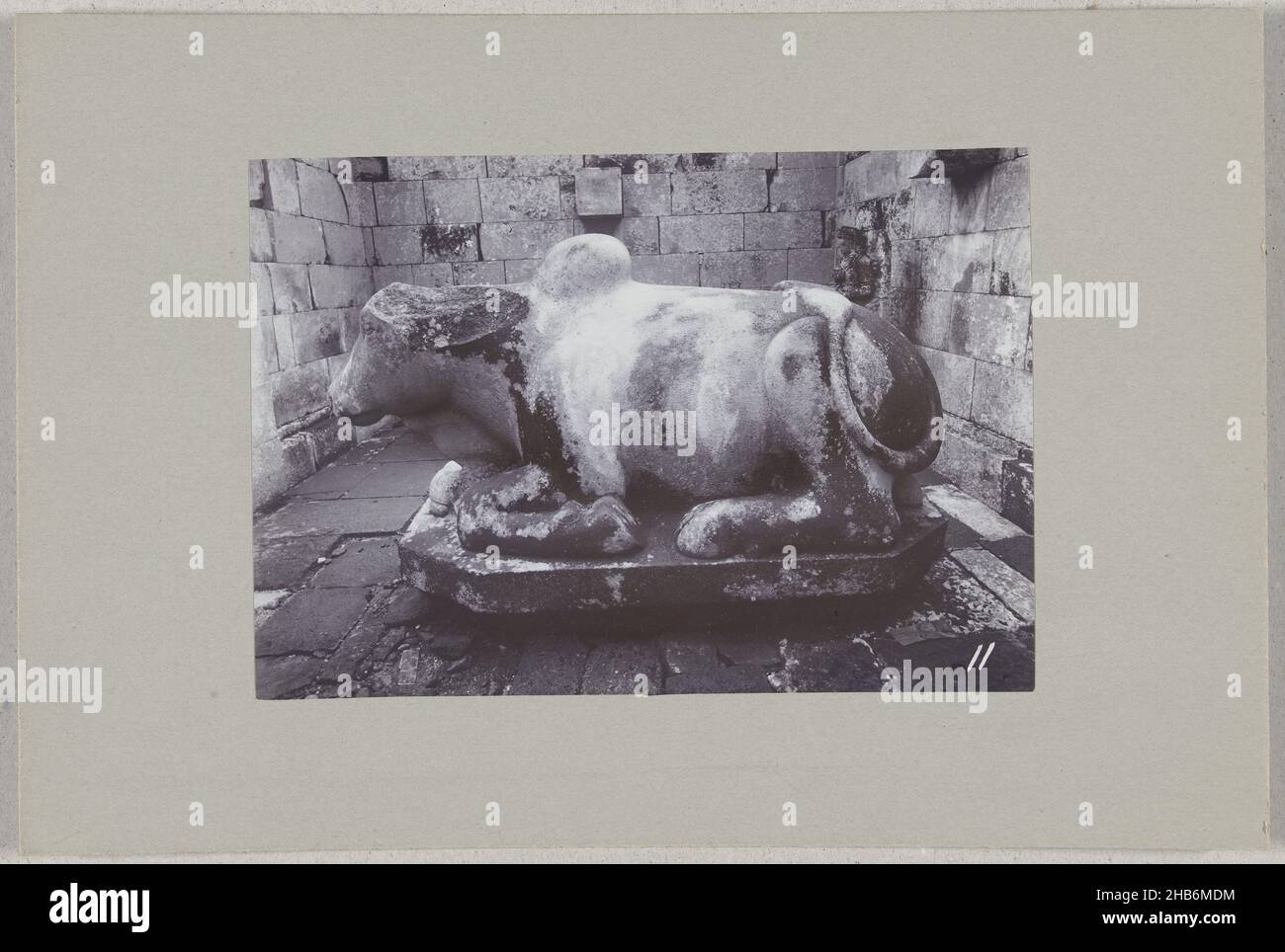 Bild eines Stiers in einem Tempel von Prambanan bei Jogyakarta86b Stier in Tempel b (gegenüber Tempel A) (Titel auf Objekt), Bild eines Stiers in einem Tempel von Prambanan bei Jogyakarta, Niederländisch-Indien, anonym, Jogjakarta, c. 1895 - c. 1915, fotografischer Träger, Papier, Silbergelatine-Druck, Höhe 107 mm × Breite 153 mmhöhe 243 mm × Breite 329 mm Stockfoto