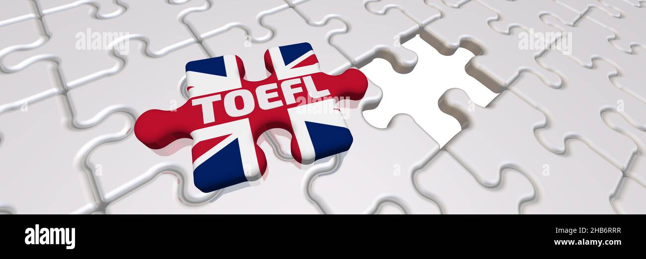 Gefaltete weiße Puzzles Elemente und eine mit Flagge des Vereinigten Königreichs mit und TOEFL (Test of English as a Foreign Language) Abkürzung. 3D Abbildung Stockfoto