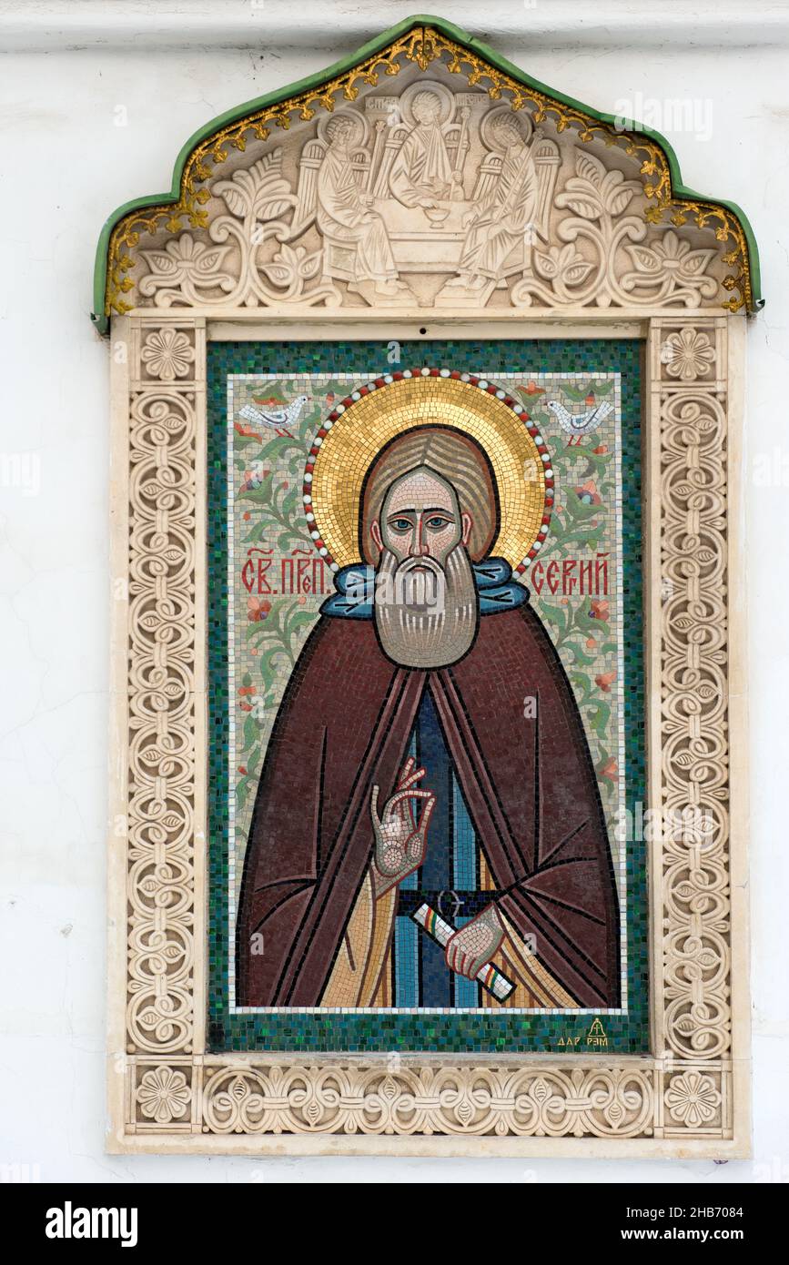 Mosaik-Ikone des Hl. Sergius von Radonesch im Kloster St. Daniel. Moskau Stockfoto