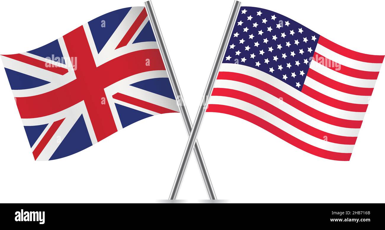 Flaggen von Großbritannien und Amerika. Britische und amerikanische Flaggen auf weißem Hintergrund. Vektorsymbol eingestellt. Vektorgrafik. Stock Vektor