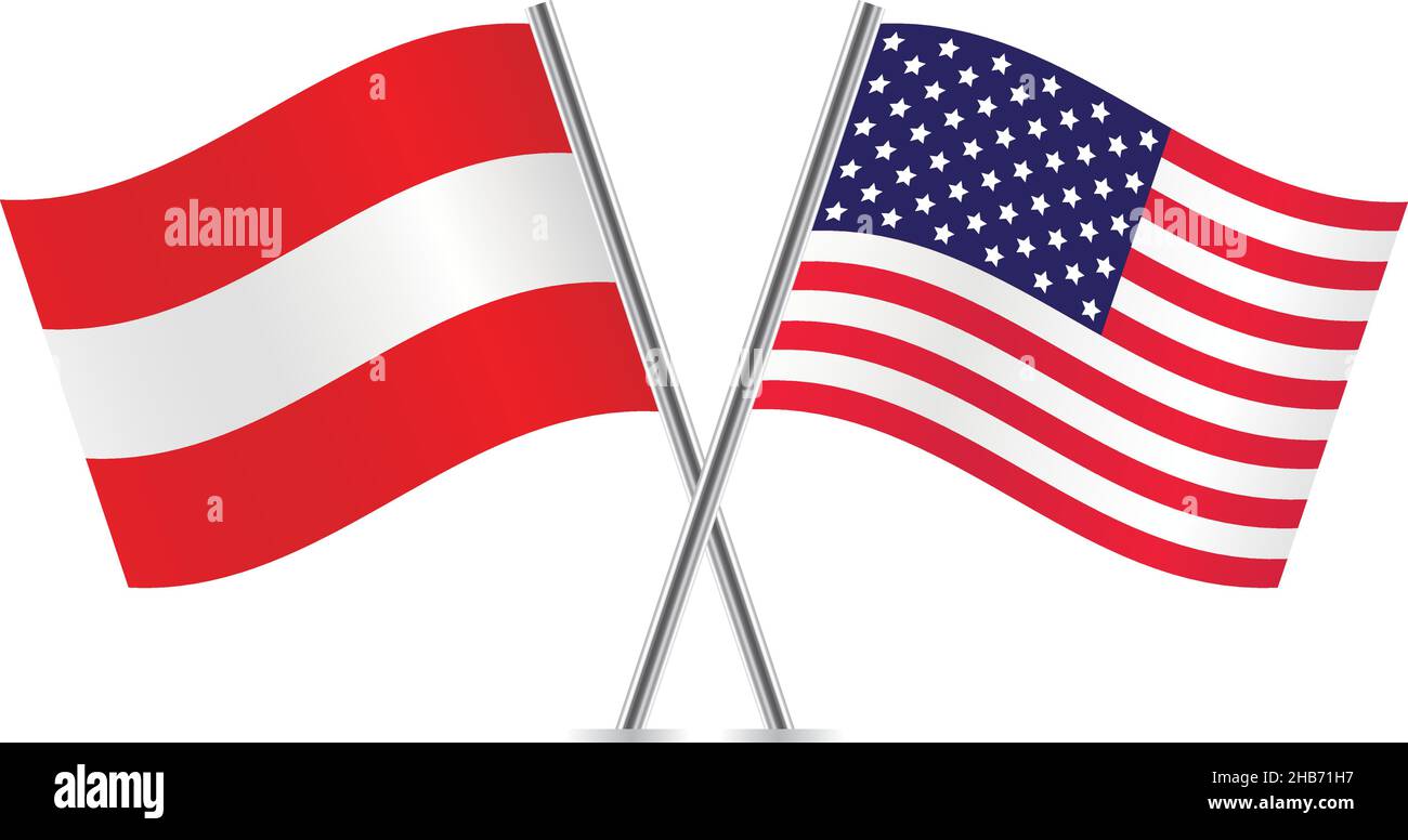 Österreich und Amerika kreuzten die Flaggen. Österreichische und amerikanische Flaggen auf weißem Hintergrund. Vektorsymbol eingestellt. Vektorgrafik. Stock Vektor