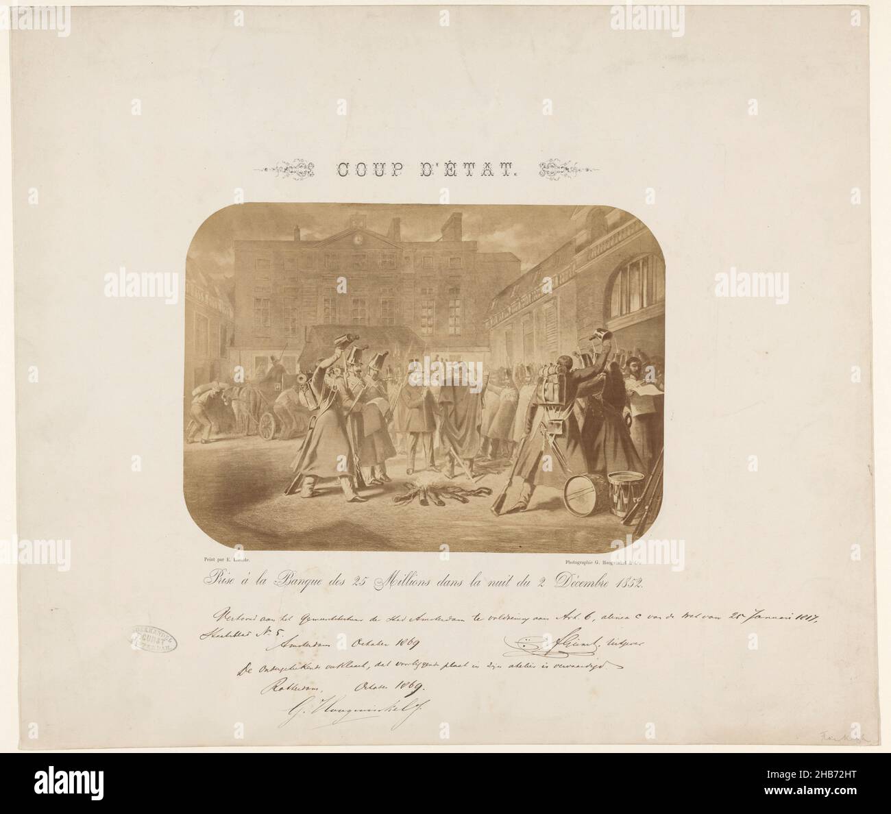 Bankraub am 2. Dezember 1852, Coup d'Etat., Pry à la Banque des 25 Millions dans la nuit du 2 décembre 1852 (Titel auf Objekt), Gemälde einer Gruppe von feiernden und trinkenden Soldaten auf der Straße um ein Holzfeuer. Es handelt sich laut Inschrift um einen Bankraub am 2. Dezember 1852, bei dem 25 Millionen Franken gefangen genommen wurden. Das Gemälde wird auch als Feier des Putsches Napoleons III. Am 2. Dezember 1852 beschrieben., Gerrit Hoogwinkel Jr., nach: Pierre Eugène Lacoste (erwähnt auf Objekt), Rotterdam, Verlag: Amsterdam, Okt-1869, Papier, Höhe 220 mm × Breite 303 Stockfoto