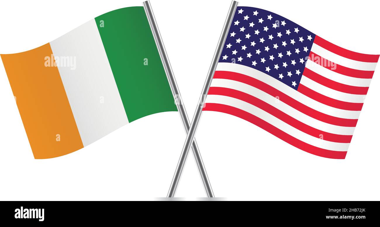 Irland und Amerika kreuzten die Flaggen. Irische und amerikanische Flaggen auf weißem Hintergrund. Vektorsymbolgruppe. Vektorabbildung. Stock Vektor