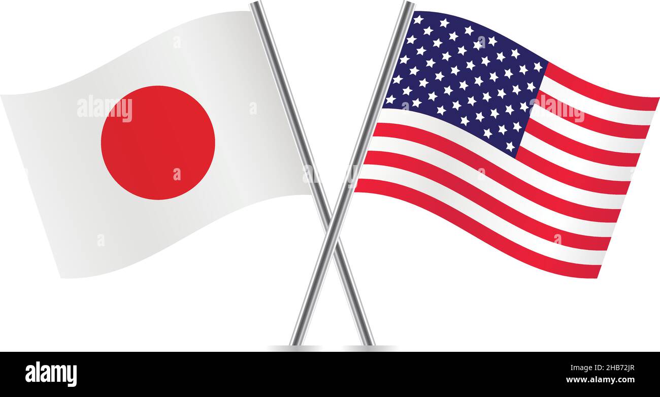 Japan und Amerika haben die Flagge gekreuzt. Japanische und amerikanische Flaggen isoliert auf weißem Hintergrund. Symbolgruppe „Vektor“. Vektordarstellung. Stock Vektor