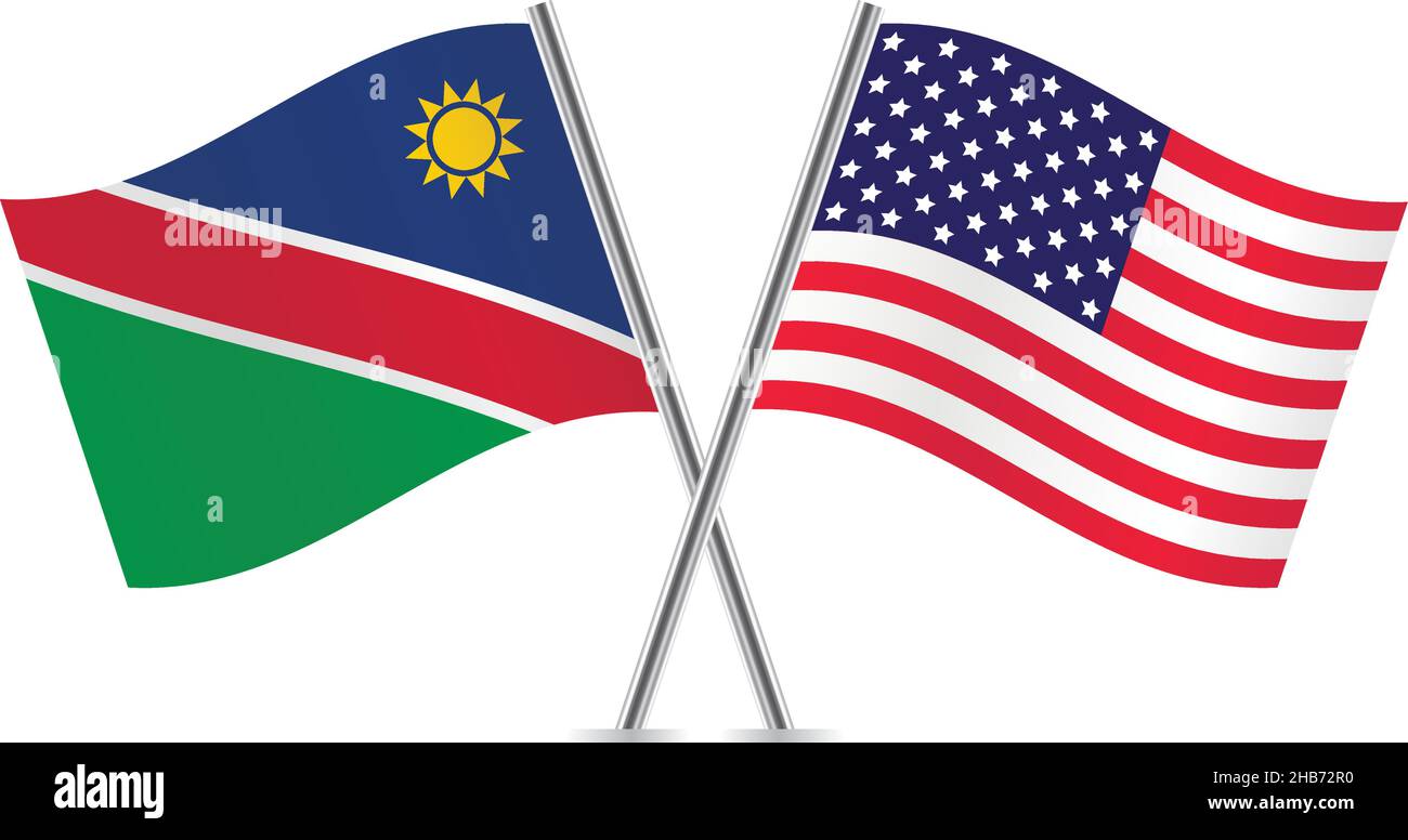 Namibia und Amerika haben die Flaggen überschritten. Namibische und amerikanische Flaggen auf weißem Hintergrund. Vektordarstellung. Stock Vektor