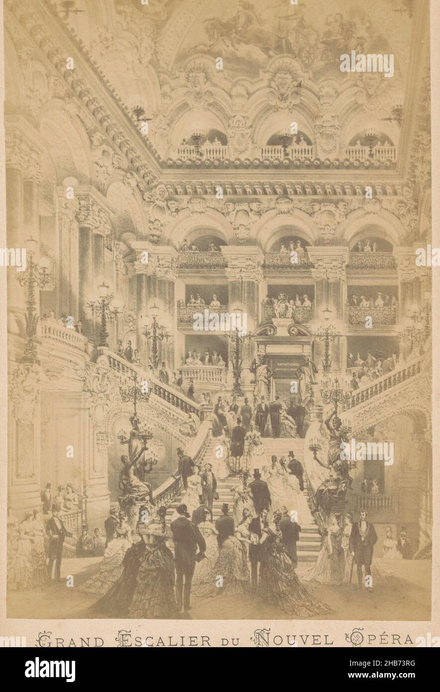 Fotoreproduktion einer Zeichnung, die die Treppe in der Opéra Garnier in Paris zeigt, Grand Escalier du Nouvel Opéra (Titel auf Objekt), anonym, intermediär Zeichner: Anonym, Paris, c. 1875 - c. 1885, fotografischer Träger, Karton, Albumin-Druck, Höhe 149 mm × Breite 100 mm Stockfoto