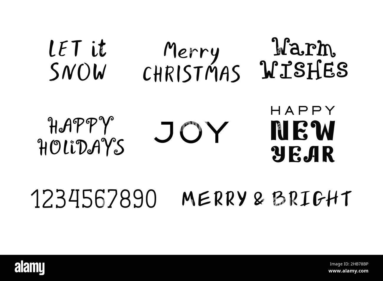 Weihnachts- und Neujahrs-Textset, Hand-Lettering-Phrasen-Vorlage, Grüße und Wünsche-Inschrift, schwarz auf weiß. Stock Vektor