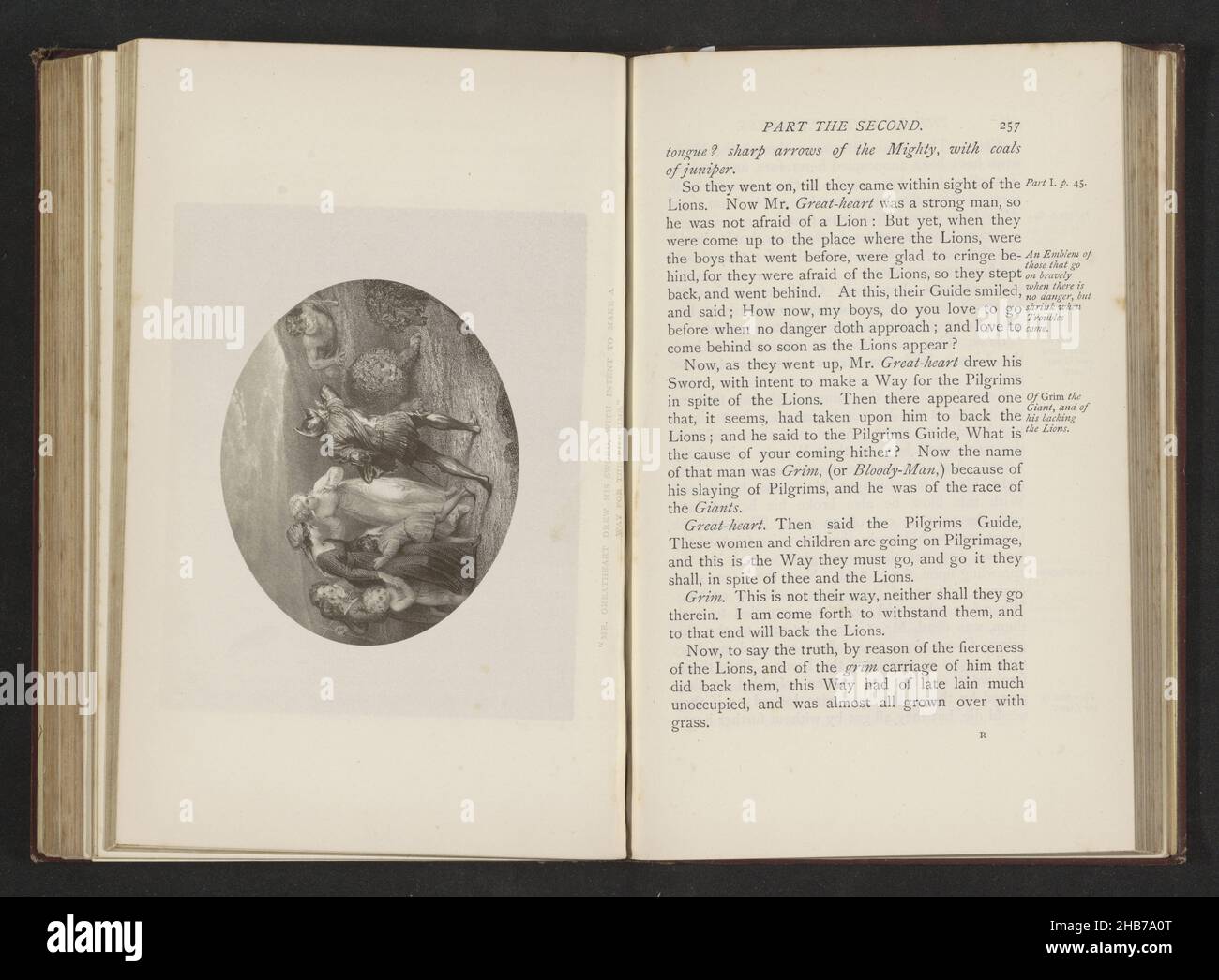 Fotoreproduktion einer Illustration von Thomas Stothard for Once Christian's reize to Eternity von John Bunyan, 'Mr. Greathart zog sein Schwert, mit der Absicht, einen Weg für die Pilger zu machen.', Illustration betrifft einen Mann, der sein Schwert gegen zwei Löwen zieht., Hersteller: Anonymous, Thomas Stothard, (erwähnt auf Objekt), c. 1871 - in oder vor 1881, Papier, Höhe 78 mm × Breite 96 mm Stockfoto