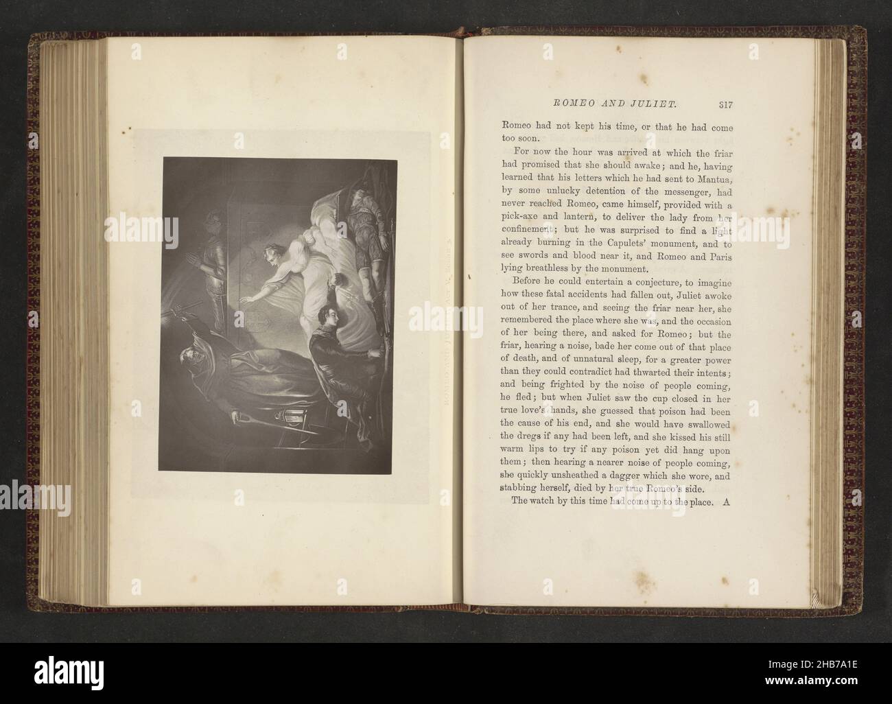 Fotoreproduktion eines Abdrucks einer Szene aus Romeo und Julia von William Shakespeare, Romeo und Julia, Akt V. Szene 3, zeigt das Sterben der Julia., Hersteller: Anonym, anonym, c. 1873 - in oder vor 1883, Papier, Höhe 86 mm × Breite 116 mm Stockfoto