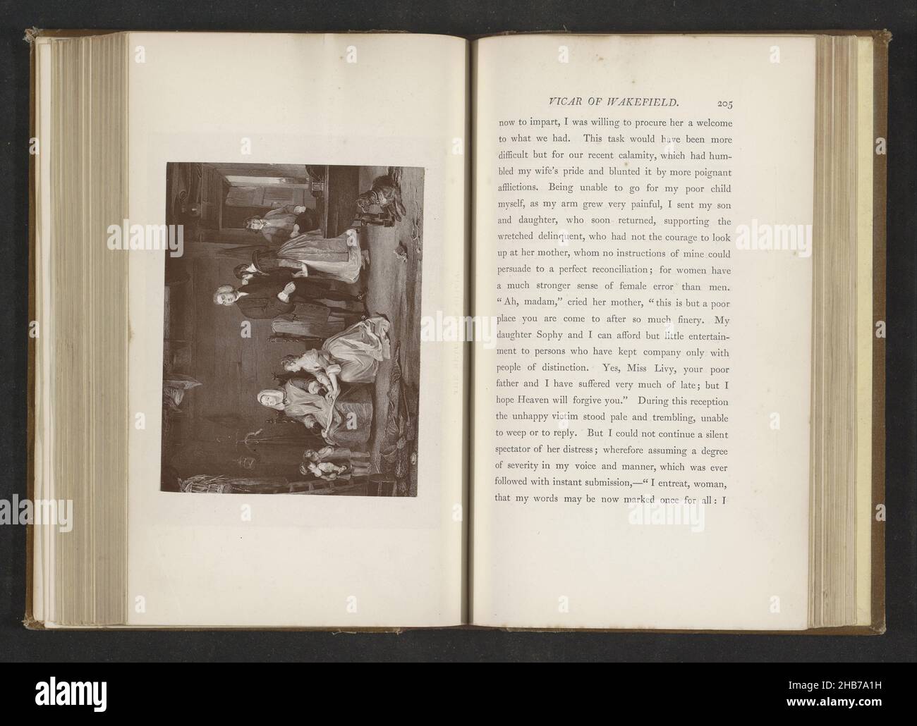 Fotoproduktion eines Drucks nach einem Gemälde von Gilbert Stuart Newton, der eine Szene aus dem Vikar von Wakefield von Oliver Goldsmith darstellt, die Rückkehr von Olivia, in dem Druck kommt die Tochter des Vikars, Olivia, nach Hause., Hersteller: Anonym, anonym, c. 1870 - in oder vor 1880, Papier, Höhe 92 mm × Breite 118 mm Stockfoto