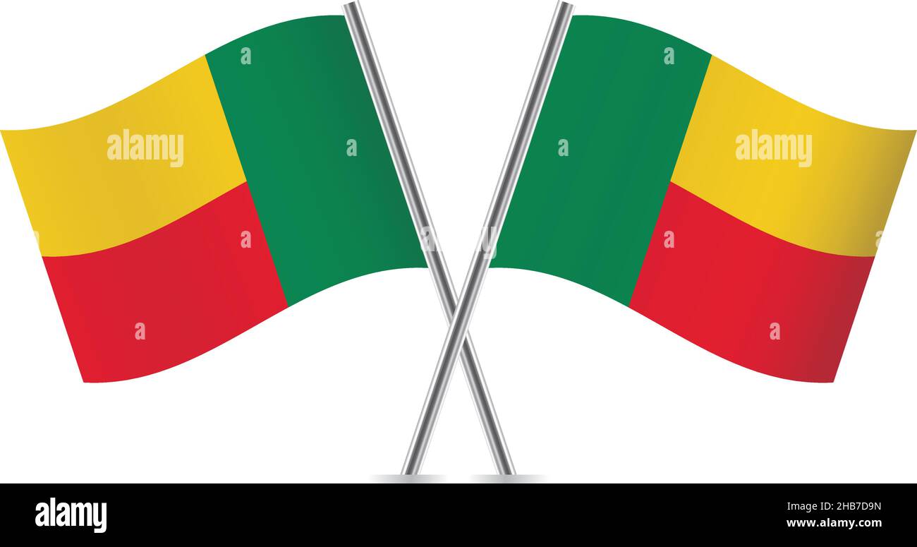 Benin hat die Fahnen gekreuzt. Beninesische Flaggen auf weißem Hintergrund. Vektordarstellung. Stock Vektor