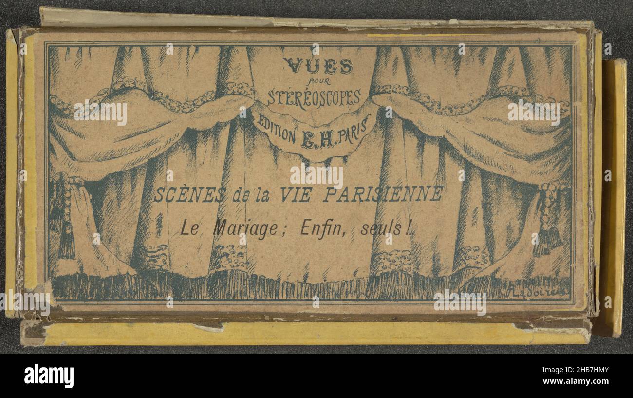 Schachtel mit sechs Stereophotos über das Leben der Ehe, Le Mariage; Enfin, seuls! (Serientitel auf Objekt), Scènes de la vie parisienne (Serientitel auf Objekt), sechs Stereobilder im Originalkarton., Eugène Hanau, Paris, c. 1870 - c. 1890, Karton, Albumin-Druck Stockfoto