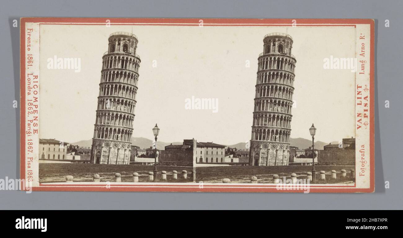 Außenansicht des Turms von Pisa, Enrico van Lint, Pisa, c. 1850 - vor 1880, Karton, Albumin-Druck, Höhe 85 mm × Breite 170 mm Stockfoto