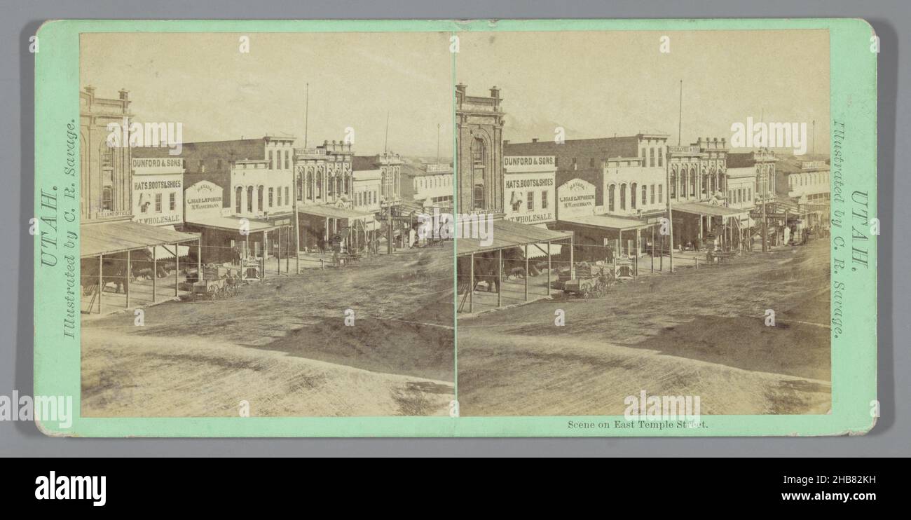 East Temple Street in Salt Lake City, Szene auf East Temple Street (Titel auf Objekt), Utah (Serientitel auf Objekt), Charles Roscoe Savage (auf Objekt erwähnt), Salt Lake City, 1861 - 1865, Karton, Papier, Albumin-Print, Höhe 87 mm × Breite 176 mm Stockfoto