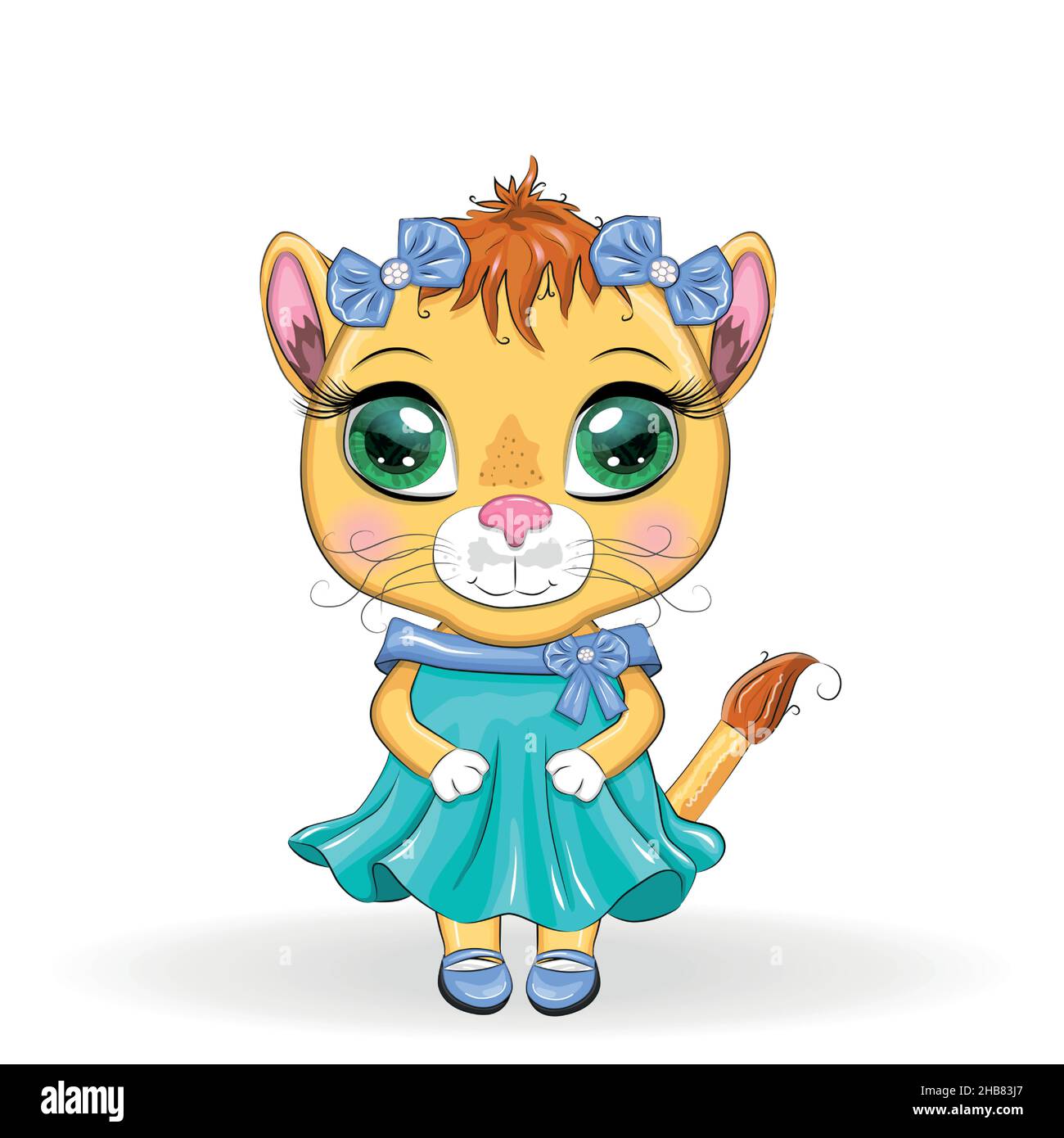 Cartoon Löwin in einem schönen Kleid mit Schleifen und Blumen.  Mädchencharakter, wildes Tier mit menschlichen Zügen Stock-Vektorgrafik -  Alamy