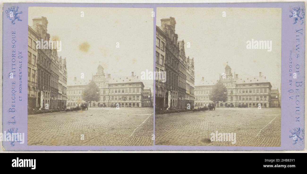 Blick auf den Grote Markt und das Rathaus in Antwerpen, Anvers, l'Hotel de ville et la grande Place (Titel auf Objekt), La Belgique pittoresque et monumentale, Ansichten von Belgien (Serientitel auf Objekt), Jules Hippolyte Queval (auf Objekt erwähnt), Antwerpen, 1866 - 1870, Karton, Papier, Albumin-Print, Höhe 87 mm × Breite 176 mm Stockfoto