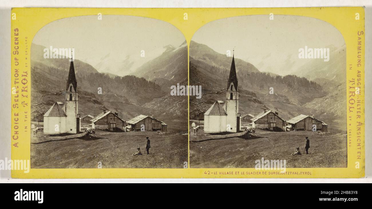 Pfarrkirche St. Johann Nepomukenus in Obergurgl, mit dem Gurgler Ferner Gletscher im Hintergrund, Österreich, Le Village et Glacier de Gurgl, Ötzthal, Tirol (Titel auf Objekt), Eine Auswahl von Szenen in Tirol, Sammlung ausgewählter Ansichten in Tirol (Serientitel auf Objekt), William England (auf Objekt erwähnt), Obergurgl, 1863 - 1865, Karton, Papier, Albumin-Print, Höhe 83 mm × Breite 172 mm Stockfoto