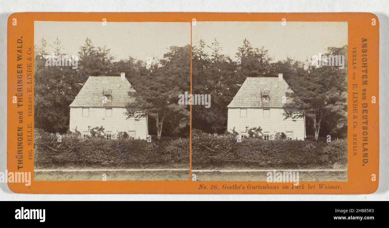 Gartenhaus von Goethe in Weimar, Goethes Gartenhaus im Park bei Weimar (Titel auf Objekt), Ansichten von Deutschland, Thüringen und Thüringer Wald (Serientitel auf Objekt), Hermann Selle (erwähnt auf Objekt), Verlag: E. Linde & Co (erwähnt auf Objekt), Weimar, Verlag: Berlin, 1868 - 1890, Karton, Papier, Albumin-Druck, Höhe 86 mm × Breite 176 mm Stockfoto