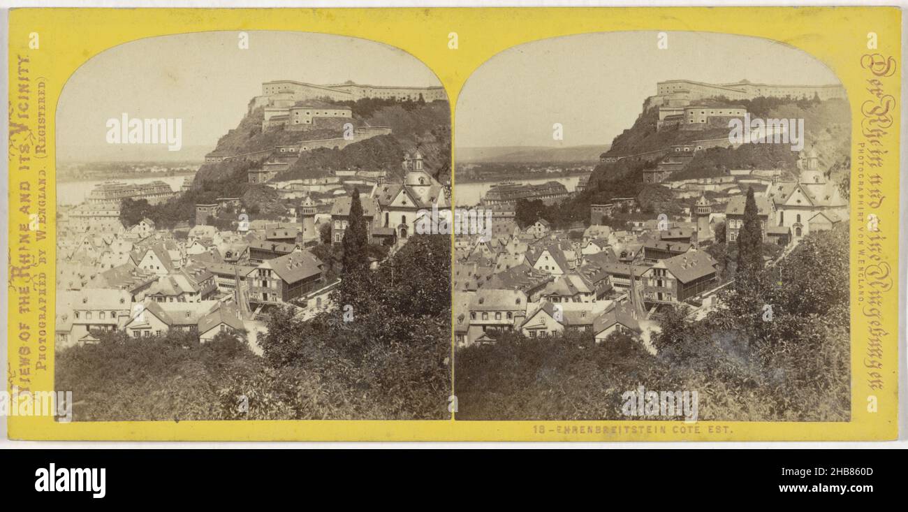 Ansicht der Festung Ehrenbreitstein bei Koblenz und der Mosel, Deutschland, Ehrenbreitstein Côtê Est (Titel auf Objekt), Ansichten des Rheins und seiner Umgebung, der Rhein und seine Umgebungen (Serientitel auf Objekt), William England (auf Objekt erwähnt), Koblenz, 1867 - 1868, Karton, Papier, Albumin-Print, Höhe 83 mm × Breite 172 mm Stockfoto